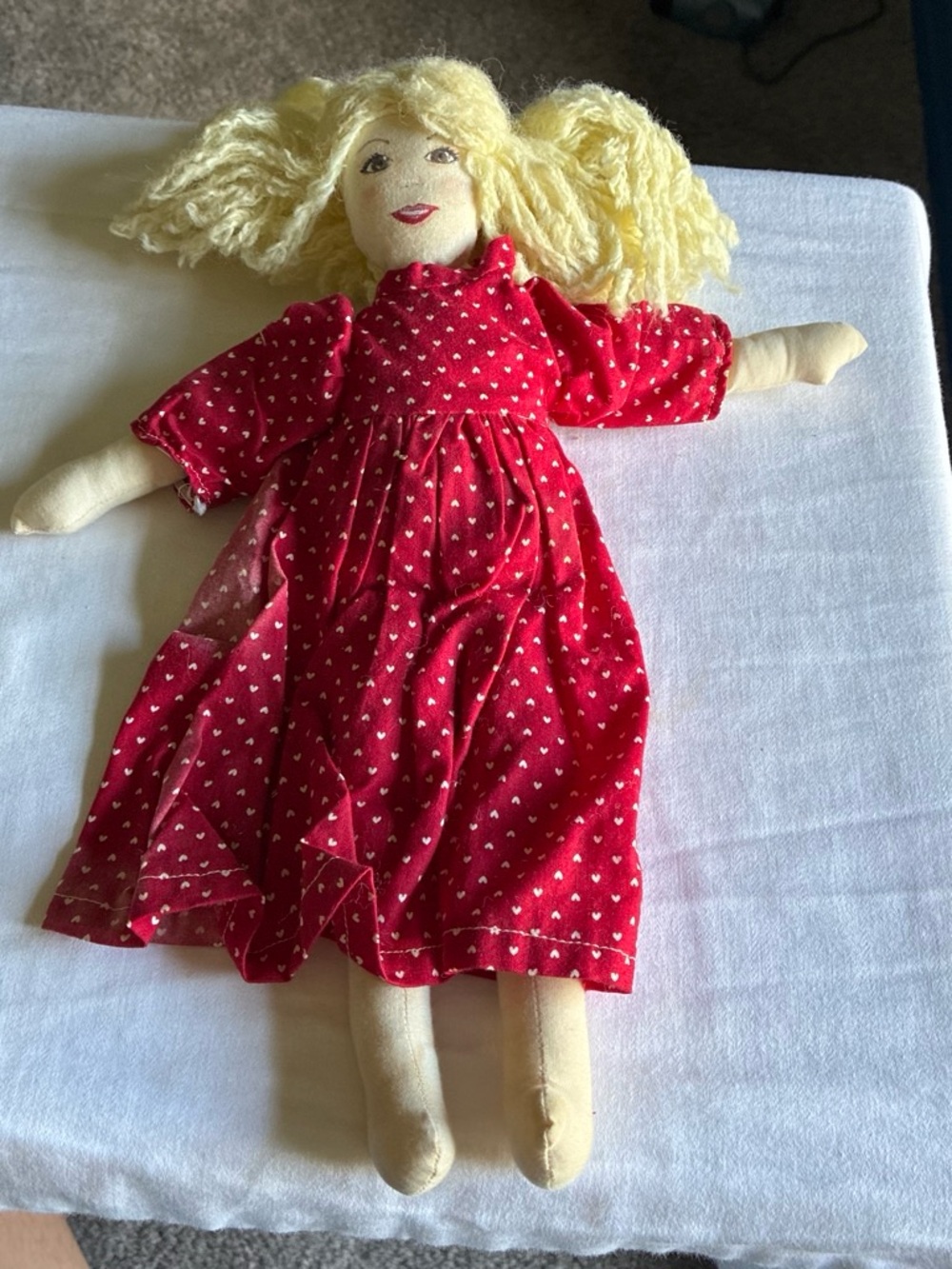 Classic Blonde Yarn-Hair Cloth Doll in Red Heart Dress